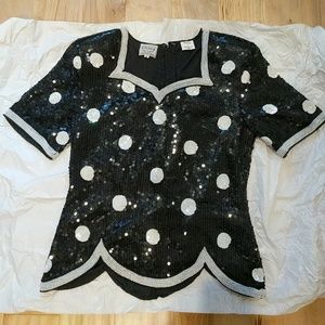 Beaded Polka Dot Sequin Blouse with Scalloped Hem